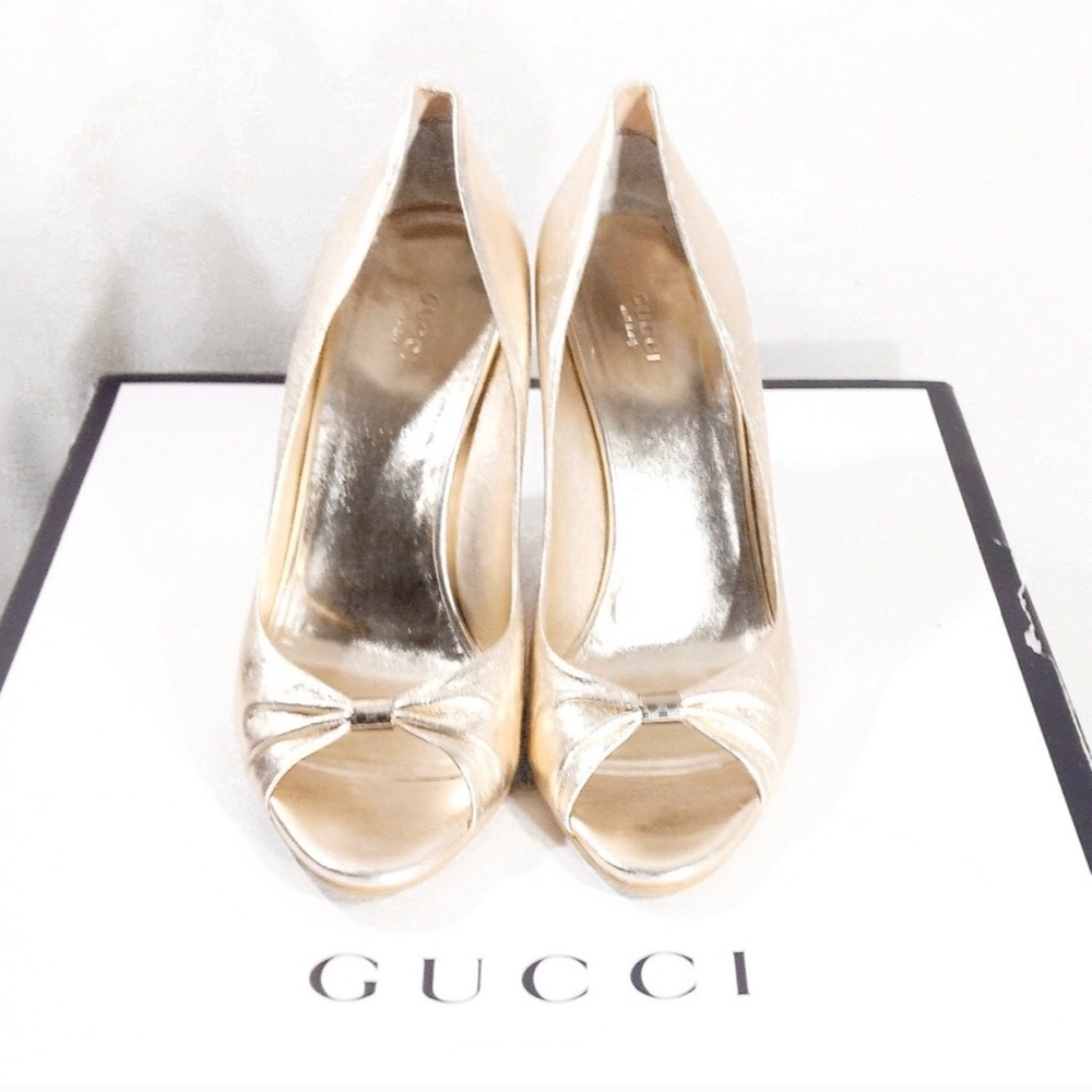 NEW Gold Gucci Peep-Toe Wedges size 10